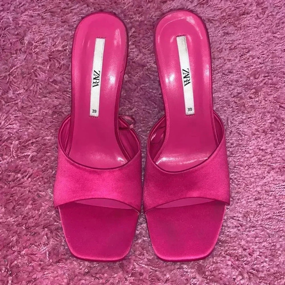 Zara Satin Heeled Methacrylate Mule Sandals Pink Size 8.5 - Picture 2 of 6